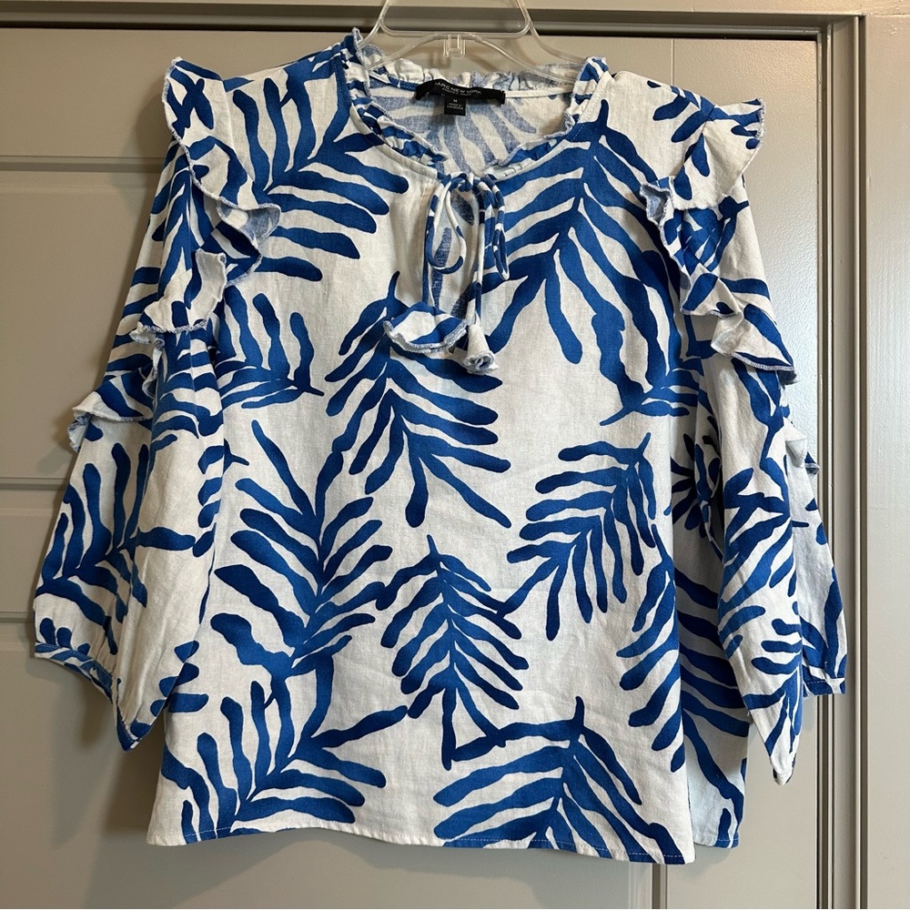 Marc New York Blue and White Ruffled Tie Front Blouse Women’s Size Medium